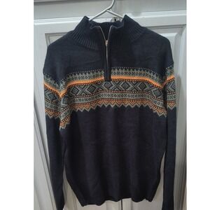Coofandy Mens XL Quarter Zip Sweater Navy Blue Orange Fair Isle Geometric Knit
